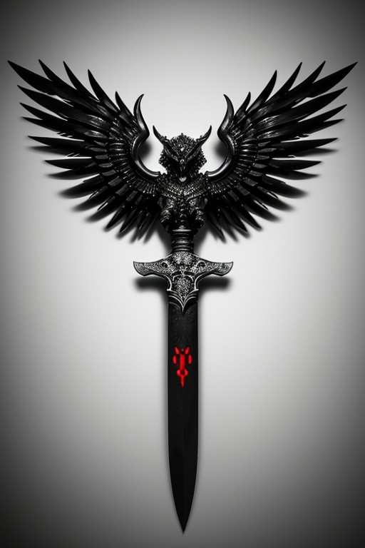 A stunningly realistic and brutal photo of a demonic sword, featuring a long, sleek black metal blade that reflects light.
The double-edged, full tang blade is sharp and deadly.
The handle, made of black material, showcases intricate demonic patterns and stripes.
A ruby adorns the center, adding a pop of red to the sinister design.
The dagger is depicted alone, with no humans or other objects in the image, allowing the viewer to fully appreciate its menacing beauty.
photo, product