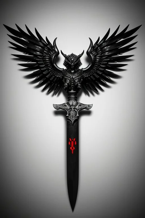 A stunningly realistic and brutal photo of a demonic sword, featuring a long, sleek black metal blade that reflects light.
The double-edged, full tang blade is sharp and deadly.
The handle, made of black material, showcases intricate demonic patterns and stripes.
A ruby adorns the center, adding a pop of red to the sinister design.
The dagger is depicted alone, with no humans or other objects in the image, allowing the viewer to fully appreciate its menacing beauty.
photo, product