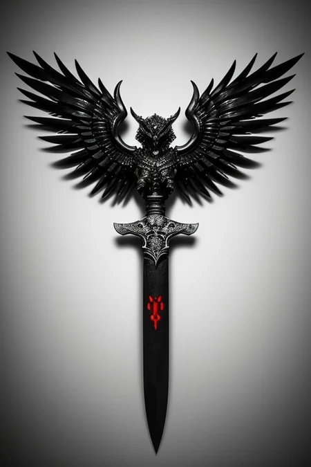 A stunningly realistic and brutal photo of a demonic sword, featuring a long, sleek black metal blade that reflects light.
The double-edged, full tang blade is sharp and deadly.
The handle, made of black material, showcases intricate demonic patterns and stripes.
A ruby adorns the center, adding a pop of red to the sinister design.
The dagger is depicted alone, with no humans or other objects in the image, allowing the viewer to fully appreciate its menacing beauty.
photo, product