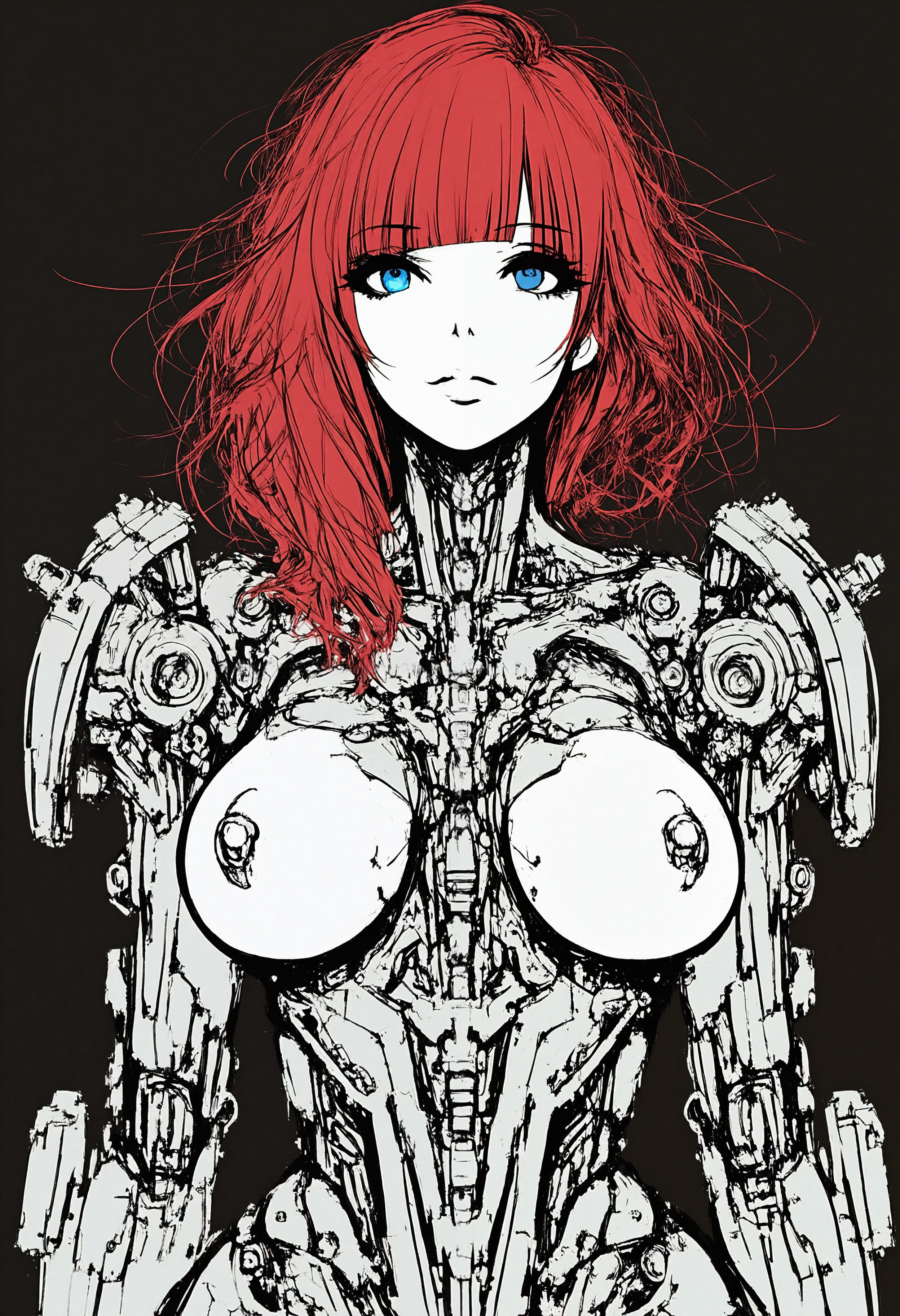 rough sketch, messy lineart, monochromatic, flat color, 1girl, mature, beautiful face, long red hair, blunt fringe, bangs, detailed blue eyes, medium breasts, metal nipples, curvy, thin waist, cyborg, black background
