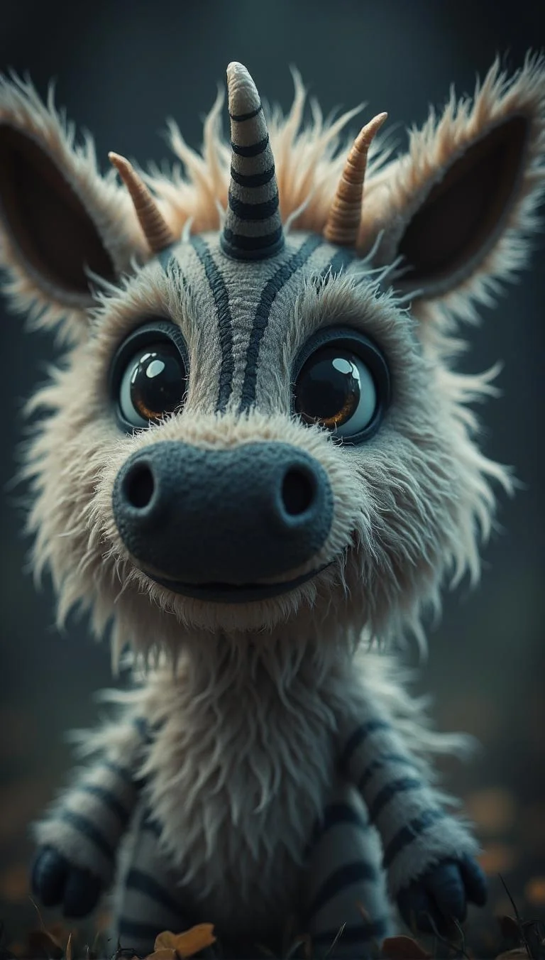 <lora:Green_cuties-000004.safetensors:1> A grainy, poorly lit image captures
A zebra-like plushie with fluffy grey and white fur, large expressive eyes, and two small horned head protrusions. Soft, high-quality materials ensure its durability and cuddliness.