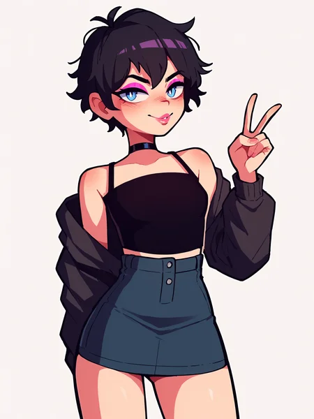 score_9, score_8_up, score_7_up, score_6_up, score_5_up, score_4_up, rating_explicit,
BREAK
girl with black hair, short hair, messy hair, tomboy, light blue eyes, pink lips, pink eyeshadow,
BREAK
solo, standing, black tube top, black microskirt, black crop top jacket, black choker, small breasts, groin, bare legs, skinny, peace sign, pencil skirt,
BREAK
white background, simple background, <lora:Lunas-Gaziter-SDXL-A1:1>