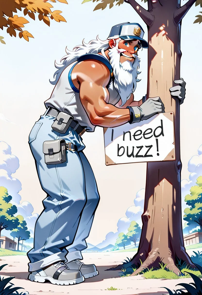 masterpiece, best quality, amazing quality, Musclegut male, ((white beard, tan body, very long beard)),  (Headwear topwear bottomwear footwear waistband thigh pouch bicep band shoulder pad) ((leaning against tree, grey gloves, side view, looking at viewer, looking embarrassed holding sign with text "need buzz")), buzz, Moon park,