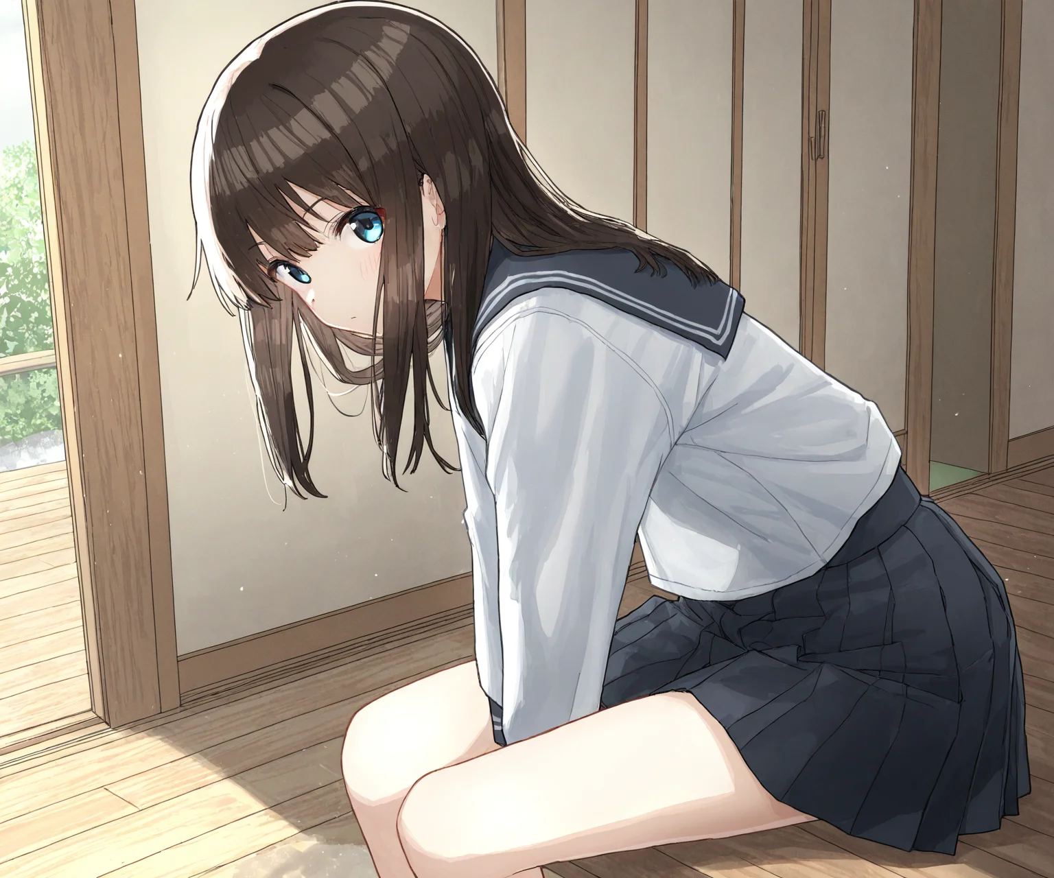 masterpiece, best quality, amazing quality, sfw, 1girl, solo, shirt, pleated skirt, sailor collar, looking at viewer, <lora:Kakuninii style ILL:1.2> kakuninii