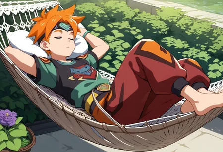 score_9, score_8_up, score_7_up,terranigmark sleeping in a hammock, spiky orange hair, ((((pauldrons with faces on them)))), jeweled headband, print shirt, green sleeves, bracelets, belt with dangling straps, red baggy pants, (((hammock))), ((garden background)), sleeping