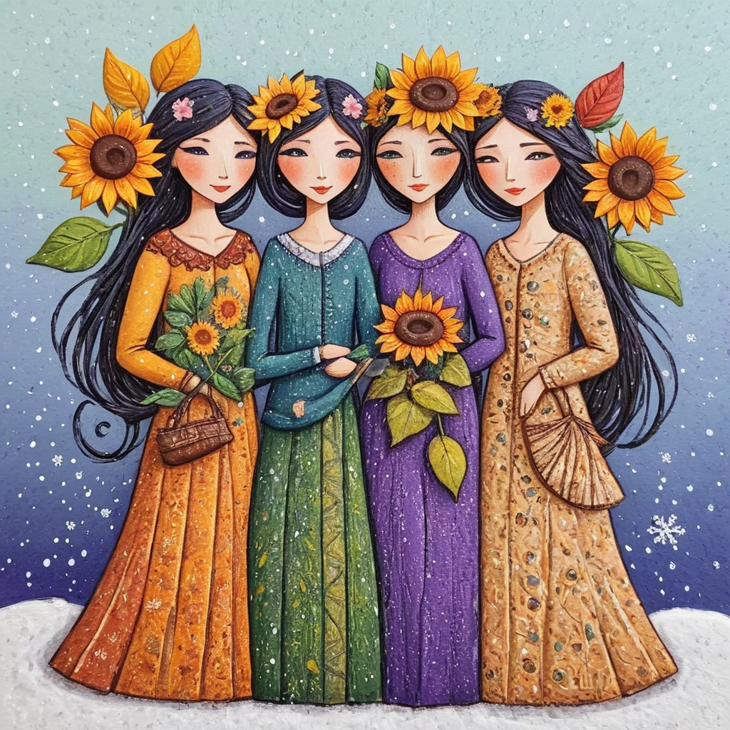 <lora:Naive_Storybook_NouveauSDXL:1> ArsMJStyle, Naive Storybook Nouveau, Four women representing the seasons, each dressed in richly detailed garments. They stand intertwined with the natural elements of their seasonsâspring blossoms, summer sunflowers, autumn leaves, and winter snowflakes.