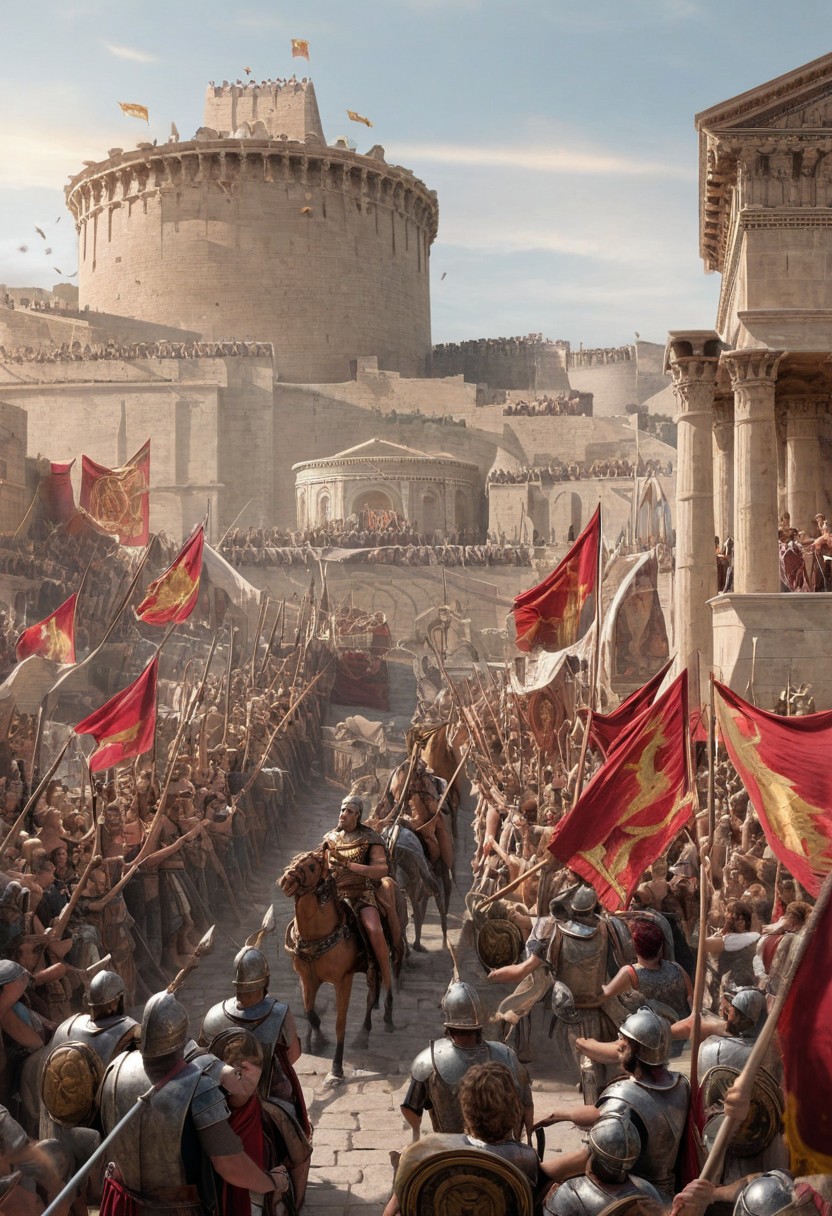 castle,
Alexander the Great riding a chariot through the streets of a conquered city, greeted by cheering crowds, with ancient architecture and banners waving