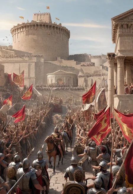 castle,
Alexander the Great riding a chariot through the streets of a conquered city, greeted by cheering crowds, with ancient architecture and banners waving