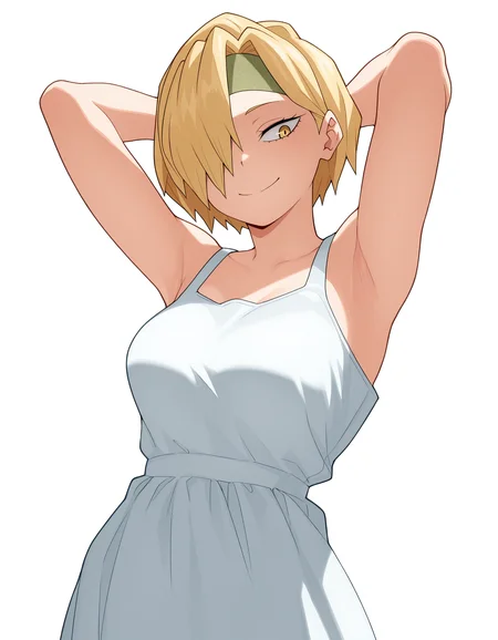 <lora:Ryuko Illu:1>
1girl, solo,
ryuko, short hair, blonde hair, hair over one eye, yellow eyes,
sundress, arms behind head, medium breasts, smile, green headband,
simple background, white background,, masterpiece, best quality, amazing quality