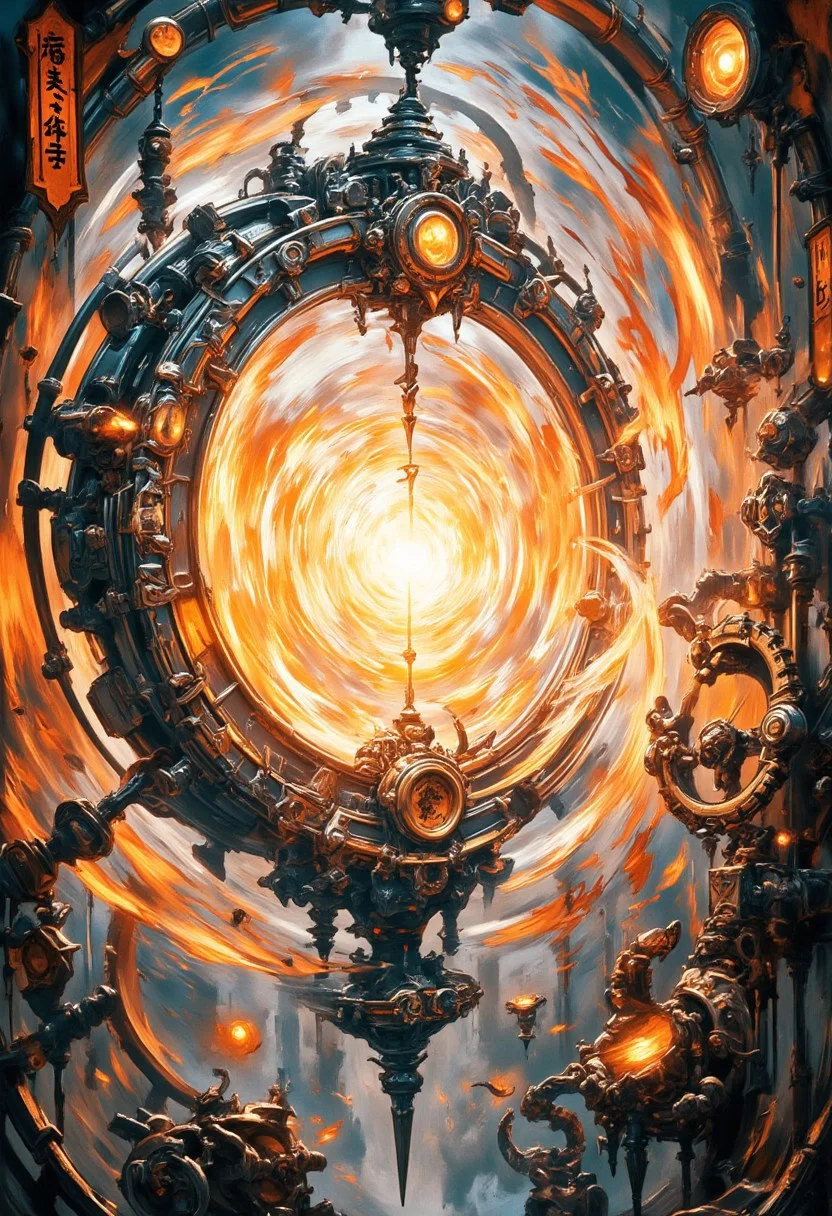 aidmaimageupgrader, manga illustrations, anime, ukiyo-e, steampunk aesthetic, intricate gears, swirling vortex, glowing magic runes, ornate steampunk machinery, dynamic motion, warm lighting, godrays, volumetric lighting, vivid colors, painterly style, art nouveau, industrial background, steampunk environment, cinematic lighting, intricate details, glowing energy conduits, brass and copper textures, elaborate clockwork designs, glowing vortex centerpiece, surreal mechanical time machine, ethereal atmospheric effects,