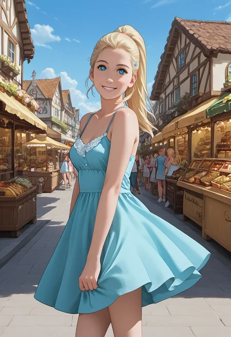 1girl, solo, score_9_up, score_8_up, score_7_up, score_6_up, cute face, detailed and beautiful face, detailed and beautiful eyes, cute girl, inoYamanakaPDXL, blonde, ponytail, blue eyes, medium breasts, sundress, walking in a marketplace, many food stalls, looking at the viewer, detailed, intricate details, realistic, FaceDetail, stunning, masterpiece, side view, smiling
