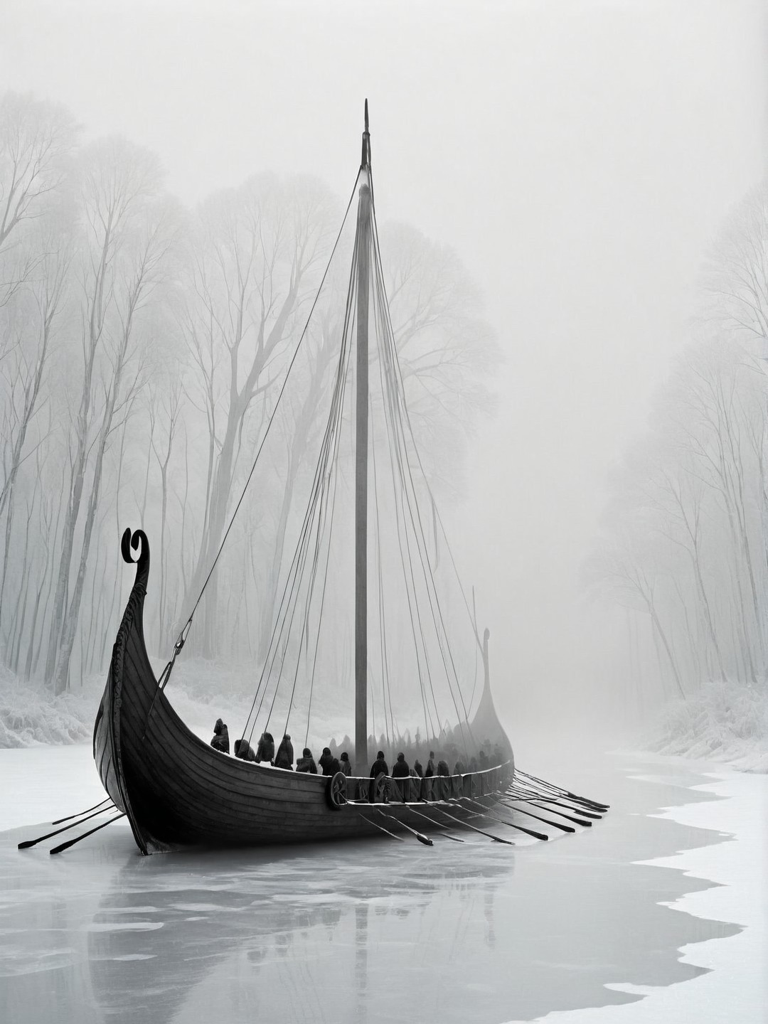 side view of a Viking ship on a dark river in a frozen forest landscape, men on board, freezing fog, chiaroscuro, intricate, crisp lines, cs-h0rsey-01-1000 <lora:Viking_Ship:1>