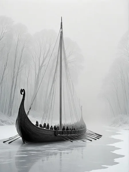 side view of a Viking ship on a dark river in a frozen forest landscape, men on board, freezing fog, chiaroscuro, intricate, crisp lines, cs-h0rsey-01-1000 <lora:Viking_Ship:1>