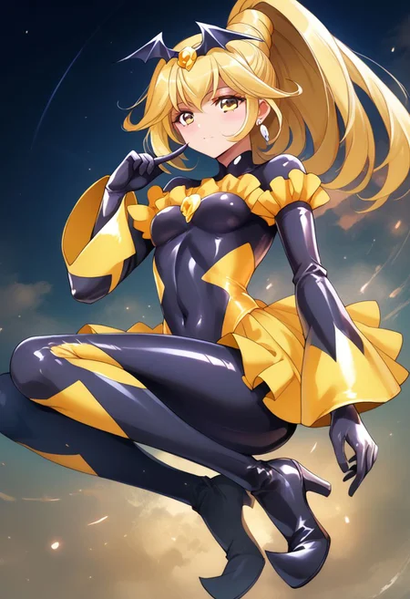 score_9,score_8_up,score_7_up, score_6_up, uncensored, source_anime, 5_fingers, 1girl, solo, black badend-bodysuit, badend-tiara, yellow frills, yellow skirt, yellow gem, latex bodysuit, zPDXL2, good_hands, full body, small breasts, by hiroyama_hirosh, csr style, curepeace, ponytail, blonde hair, yellow eyes