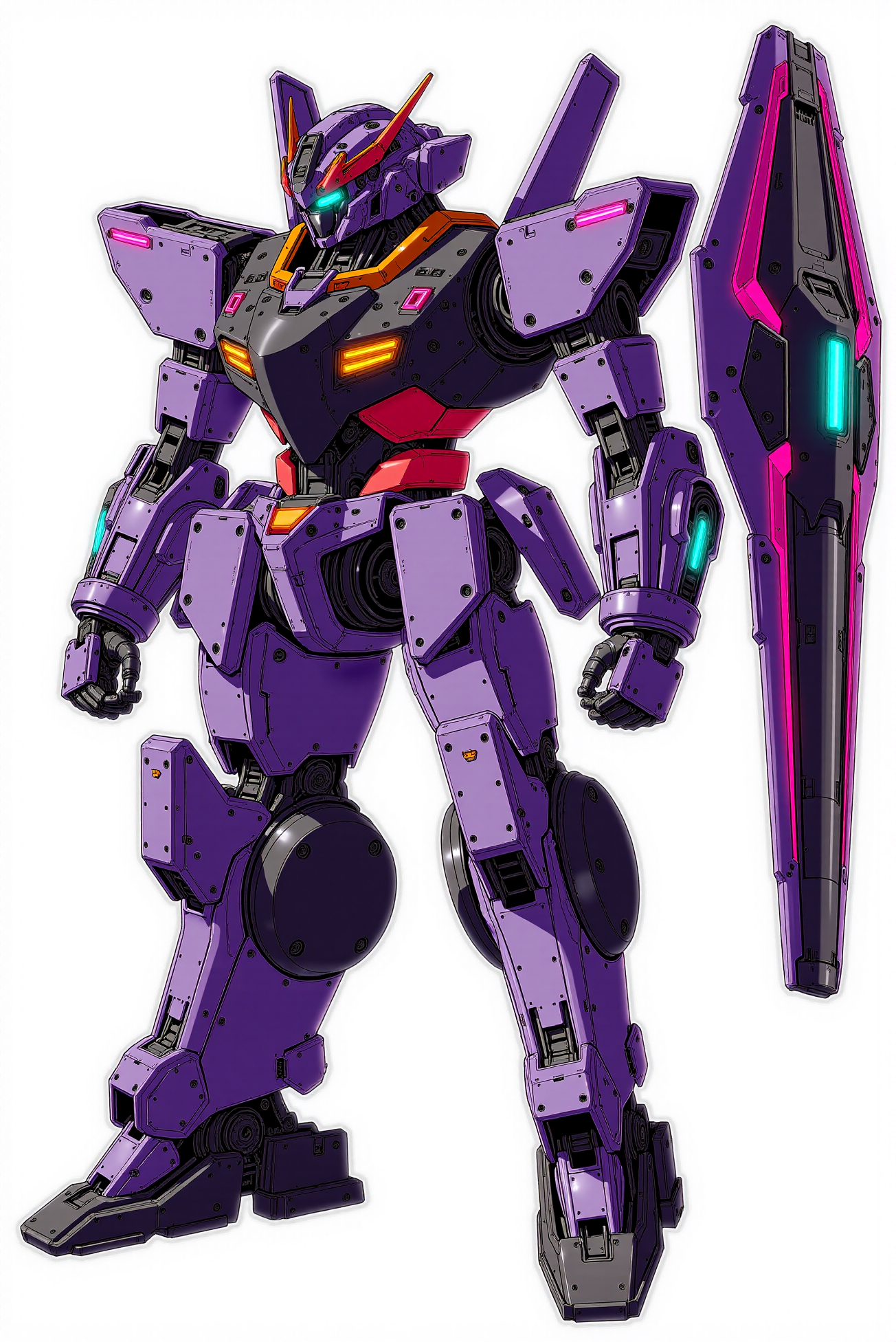 <lora:Mecha_Anime_style_v.1:0.8> A towering mecha warrior posed in a battle-ready stance, rendered in dynamic anime cel-shading with high-gloss paneling and hard-edged mechanical articulation, its armor composed of segmented violet-lavender plating accented by crimson core linings and jet black mechanical joints. Angular fins jut from its shoulder pylons and calves, enhancing its aerodynamic silhouette, while glowing magenta sensors emit an intense inner light from the helmet's sharp-lined visor and chest node. One arm extends into a sleek, triple-pronged lance cannon, trimmed with glowing cyan seams and embedded vent arrays, while the other maintains a clenched-fist configuration with reinforced knuckle plating. Subtle reflections on the plated surfaces emphasize the highly polished poly-alloy texture, and the weapon's smooth matte-metal hatches contrast against the glossy chassis detailing. Every line is defined with strong black outlines and soft gradients, capturing the kinetic energy and stylized aggression of a high-end Gundam-style combat machine.
