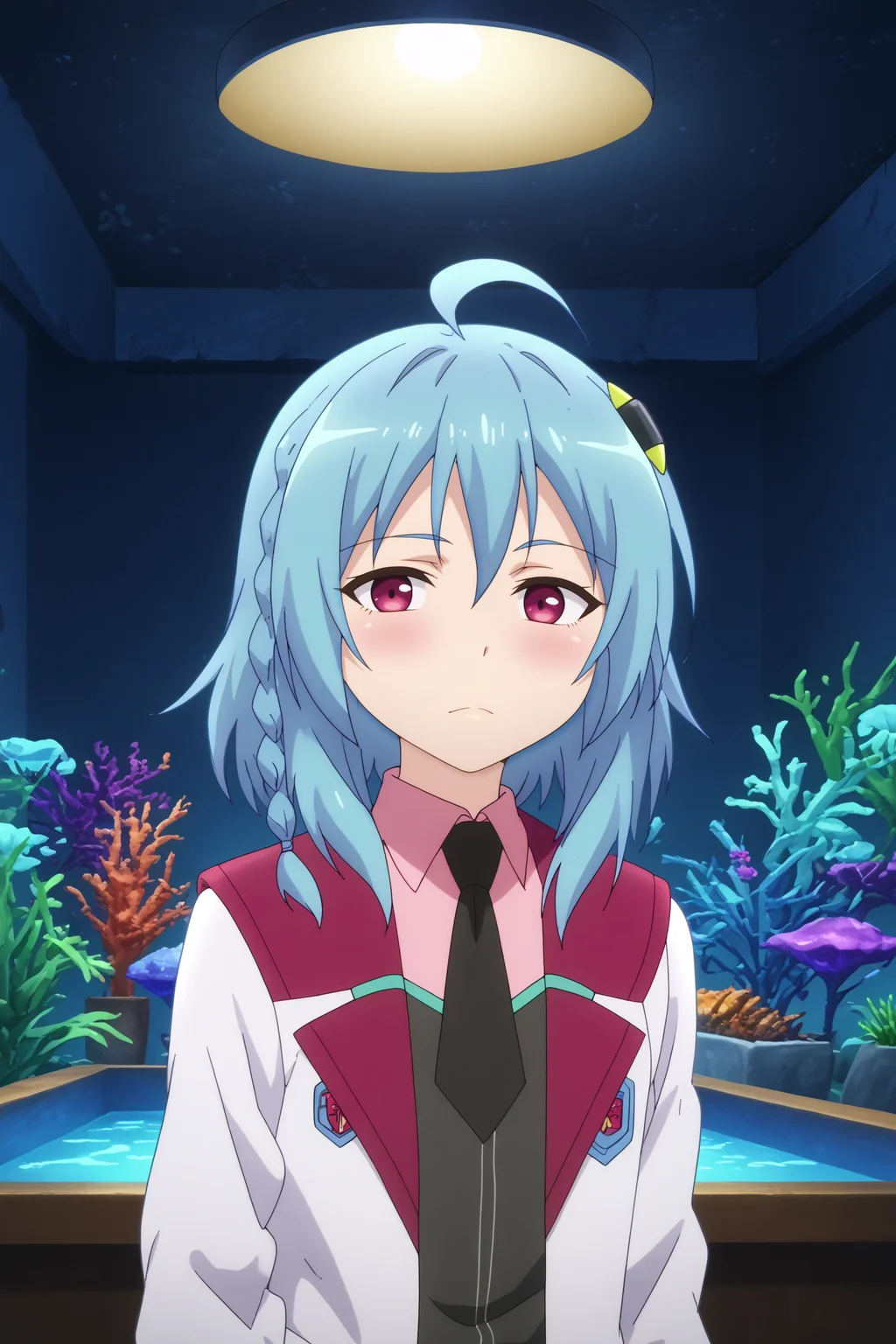 saya sasamiya,1girl,solo,school uniform,long hair,braid,ahoge,necktie,shirt,black necktie,twin_braids,hair ornament,jacket,looking at viewer,closed mouth,emotionless, BREAK indoors,aquarium,ruanyi1155,aquarium <lora:Saya_Sasamiya_-__Gakusen_Toshi_Asterisk.safetensors:0.8> <lora:detailed_backgrounds_v2.safetensors:0.5> <lora:1155 aquarium_v1_pony.safetensors:0.9>