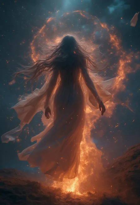 a cinematic shot of cosmic goddes descending from the night sky, wearing transparrent dress with longe patches of fabric flot in the air in various directions, she has extremely long hair, strong wind, glowing dust particles fly around, (no nudity)