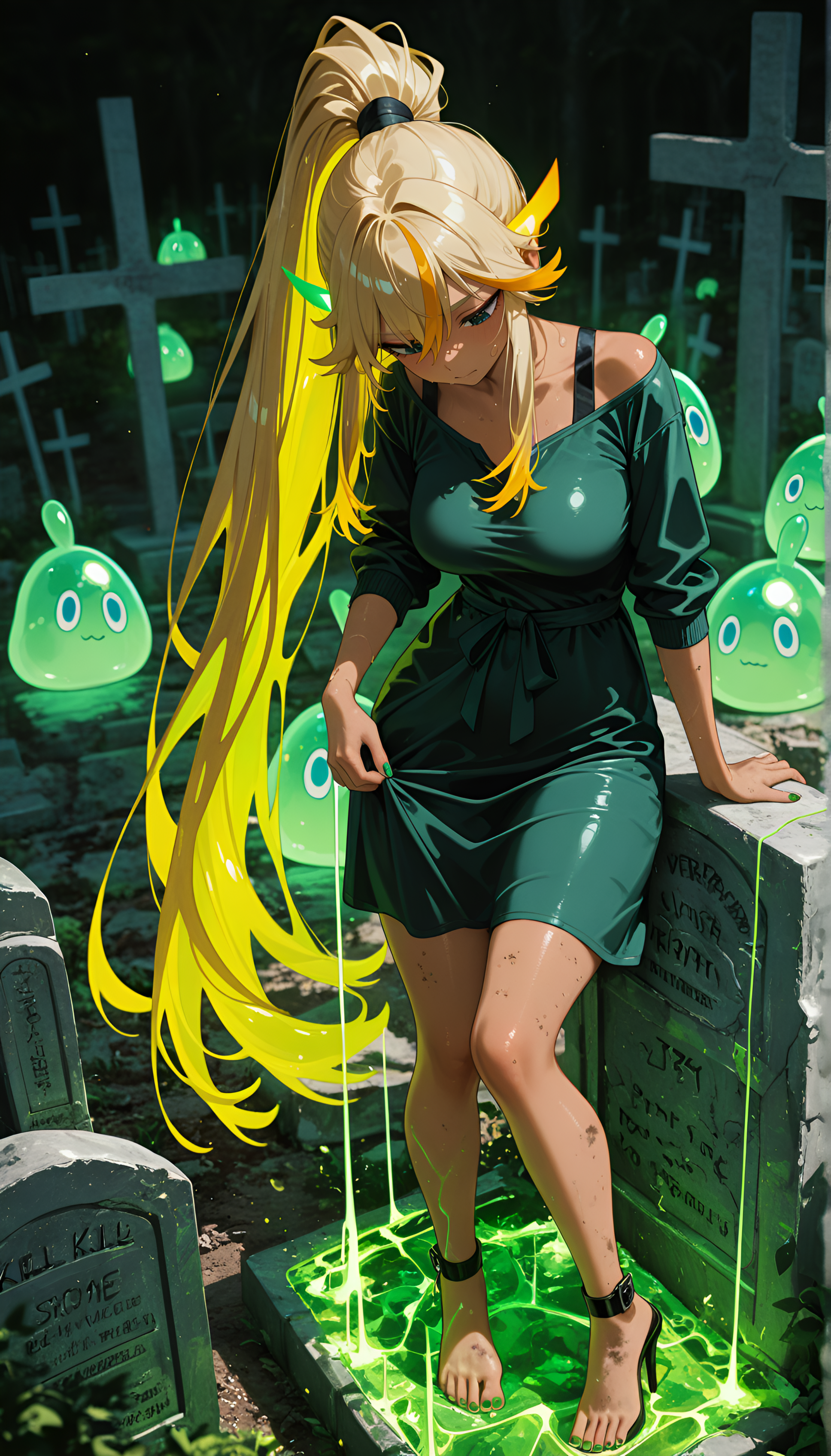 Dirty blonde hair, 8K, newest, wrap_dress_(casual), very aesthetic, HDR, slouching provocatively, Iridescence / Opalescence, medium breasts, barefoot, humid, absolutely eye-catching, ambient occlusion, absurdres, in the style of ck-nw, nail_polish, ultra-detailed, very long hair, motion_blur:1.1, slime_(creature), sagging breasts, slime_(creature), macro scene, Neon Emerald Theme, motion_lines:1.1, drawing back energy string on composite bow, depth of field, best quality, full body, Spooky graveyard enveloped in fog, headstones barely visible., amazing quality, tan skin, Mako Mankanshoku (Kill la Kill), multiple others, anime character, animal_ears, ankle-strap_heels, masterpiece, high ponytail