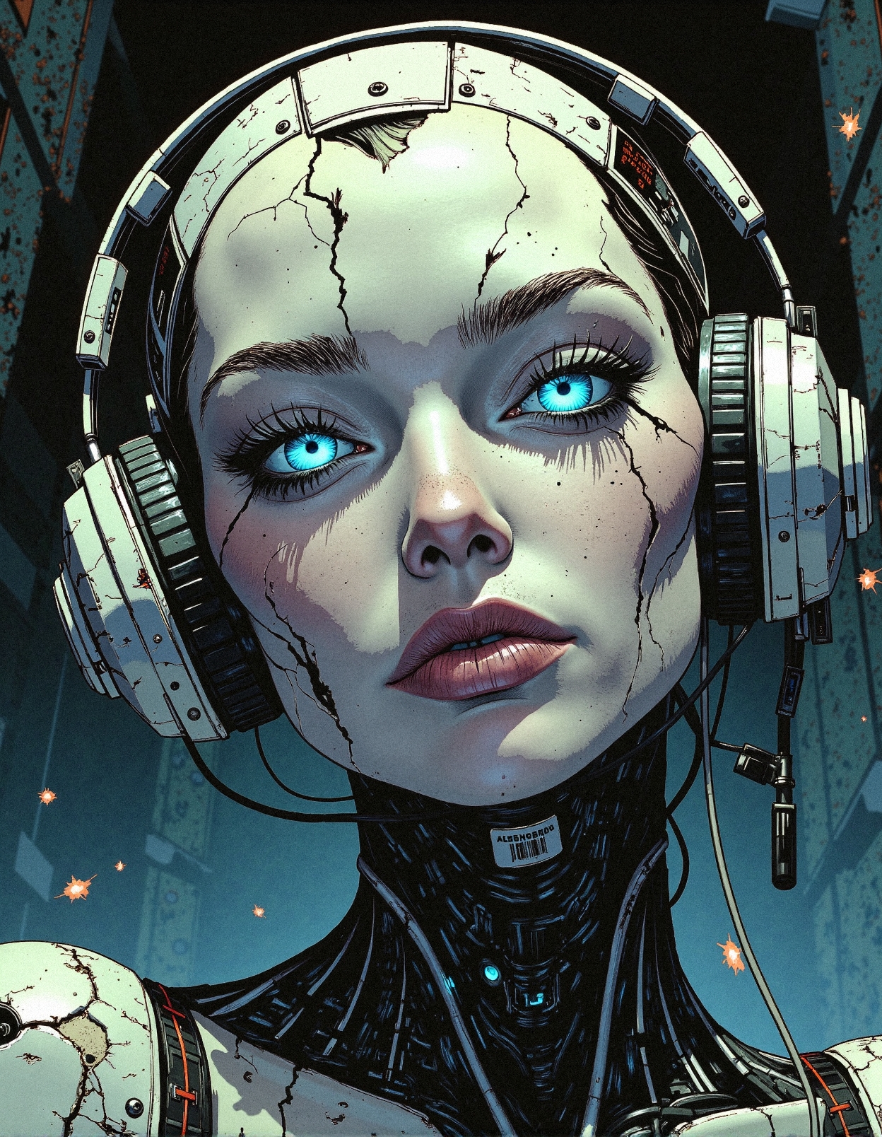 Comic book illustration, 2d
A breathtaking hyper-detailed cybernetic portrait of a forgotten android abandoned in a dystopian wasteland, her once-perfect synthetic skin now fractured, revealing a complex mesh of exposed wiring, rusted mechanical plating, and embedded data chips flickering weakly with residual power. Her glowing blue eyes, hauntingly expressive, radiate both sorrow and defiance, with coolant streaks running down her porcelain-like face, resembling artificial tears frozen in time. Her heavy, industrial-grade headset, covered in dirt and chipped paint, hums faintly with static interference, remnants of long-lost transmissions still echoing in her fading consciousness. Her battle-worn limbs, adorned with peeling barcodes and faded serial numbers, feature intricate mechanical components, visibly degraded and barely holding together with patches of electrical tape and improvised repairs. The background is dark and chaotic, an abandoned cyberpunk dystopia of corroded metal and flickering neon debris, with sparks occasionally flaring from malfunctioning machinery. The atmosphere is thick with dust and oil, creating an immersive, cinematic realism where every meticulously rendered crack, every worn-out circuit, and every subtle glow of her failing power core tells the story of an AI left to die in a world that no longer remembers her.
 <lora:FluxDFaeTasticDetails:0.3> <lora:Comic_Style_-_FLUX:0.6>