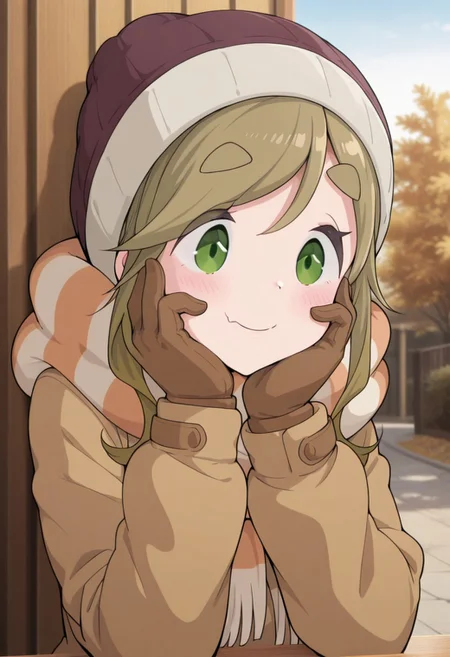 masterpiece,best quality,amazing quality, inuyama aoi, brown hair, green eyes, long hair, 1girl, solo, thick eyebrows, gloves, hat, beanie, scarf, brown gloves, smile, hand on own face, closed mouth, skin fang, fang, long sleeves