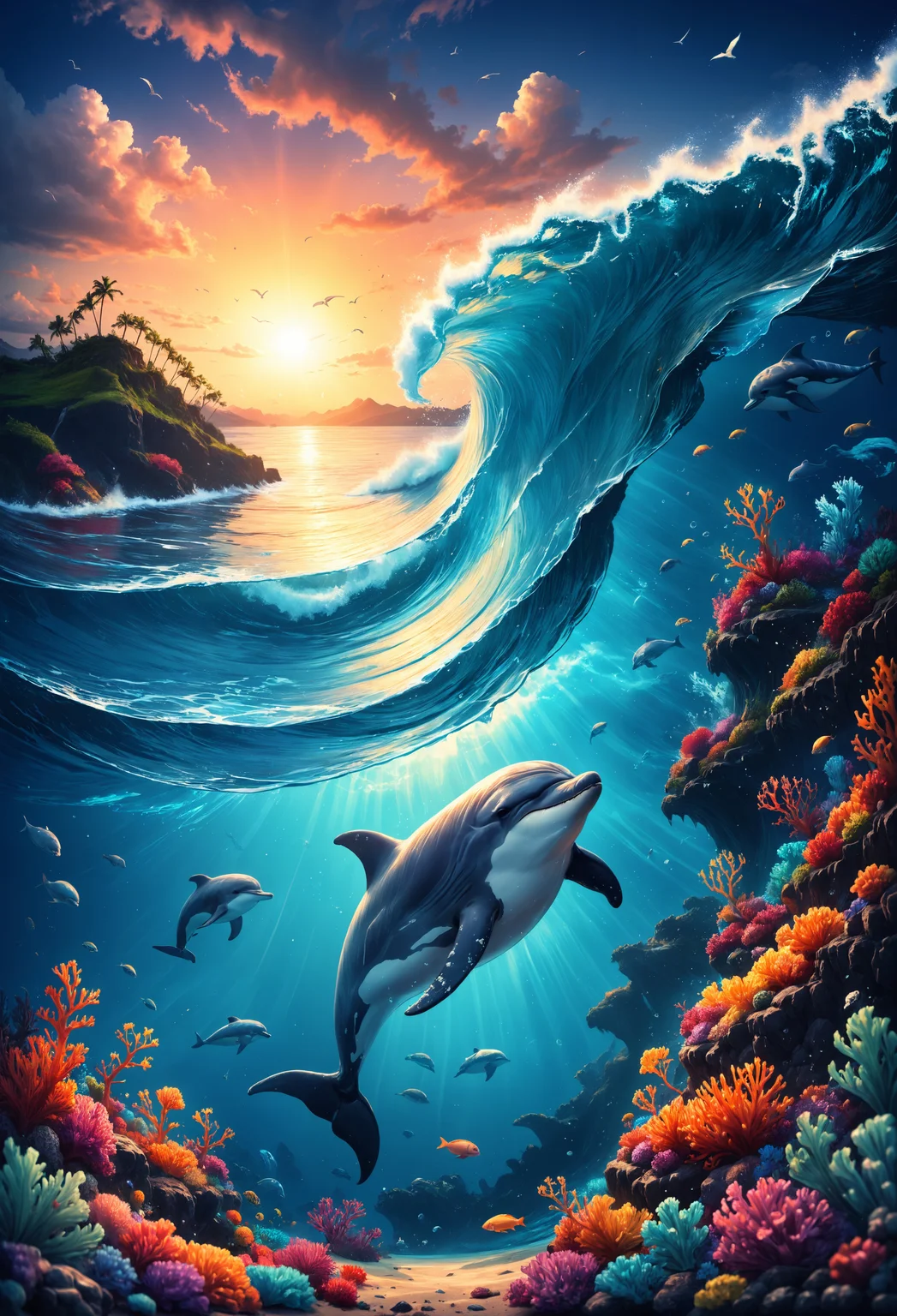 zavy-ndrwtr, summer, ink painting, acrylic, cute dolphins, close-up, underwater, (crashing wave:1.2), sunrise, by Craola, Dan Mumford, Andy Kehoe, 2d, flat, cute, adorable, vintage, art, fairytale, storybook detailed illustration, cinematic, ultra highly detailed, tiny details, beautiful details, mystical, luminism, vibrant colors, complex background, stunning, energy, molecular, textures, iridescent and luminescent scales, breathtaking beauty, pure perfection, divine presence, unforgettable, impressive, breathtaking beauty, Volumetric light, auras, rays, vivid colors reflects, magnificent, celestial, ethereal, epic, magical, dreamy, chiaroscuro, atmospheric lighting,