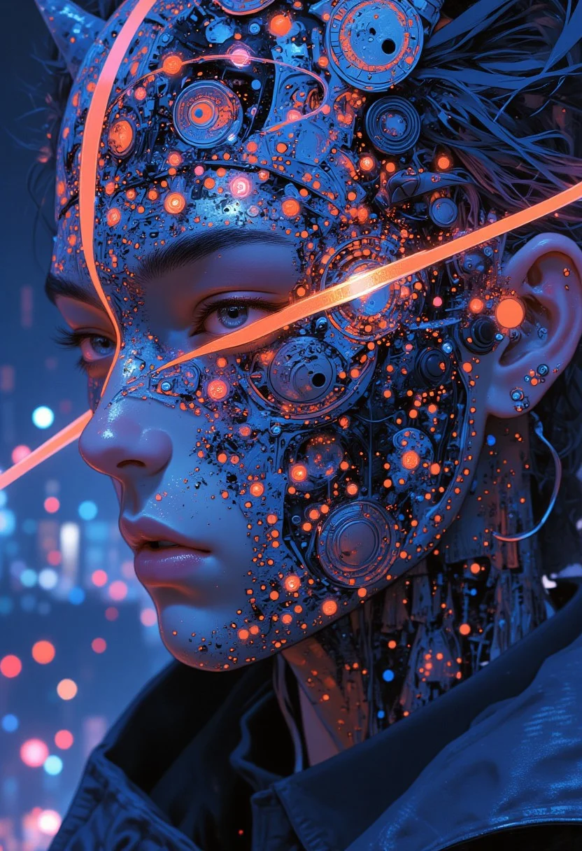 A close-up surreal fantasy masterpiece of a figure wearing an avant-garde mask fully covered with a dazzling array of intricate neon-colored dots and lines, glowing like a living constellation. The mask’s design features a seamless flow of geometric patterns, fractals, and tribal motifs rendered in at least 16 vibrant neon hues, including electric blue, radiant magenta, lime green, fiery orange, glowing purple, and shimmering gold accents. Each dot and line emits a soft, radiant glow, forming an intricate tapestry that pulses with energy. The figure’s dynamic head pose captures them tilting slightly downward, as if gazing through the mask with an enigmatic presence. The blurred background reveals a surreal dreamscape of floating neon orbs and abstract energy waves, casting shifting multicolored reflections. A palette of intense neon colors contrasts against a deep black backdrop, creating a hypnotic and futuristic effect. Rendered in HD, 8K with cinematic lighting, f/1.4 aperture, and ultra-detailed textures, emphasizing the precision and surreal vibrancy of the intricate neon patterns.