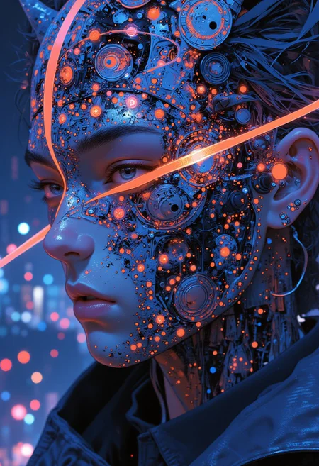 A close-up surreal fantasy masterpiece of a figure wearing an avant-garde mask fully covered with a dazzling array of intricate neon-colored dots and lines, glowing like a living constellation. The mask’s design features a seamless flow of geometric patterns, fractals, and tribal motifs rendered in at least 16 vibrant neon hues, including electric blue, radiant magenta, lime green, fiery orange, glowing purple, and shimmering gold accents. Each dot and line emits a soft, radiant glow, forming an intricate tapestry that pulses with energy. The figure’s dynamic head pose captures them tilting slightly downward, as if gazing through the mask with an enigmatic presence. The blurred background reveals a surreal dreamscape of floating neon orbs and abstract energy waves, casting shifting multicolored reflections. A palette of intense neon colors contrasts against a deep black backdrop, creating a hypnotic and futuristic effect. Rendered in HD, 8K with cinematic lighting, f/1.4 aperture, and ultra-detailed textures, emphasizing the precision and surreal vibrancy of the intricate neon patterns.