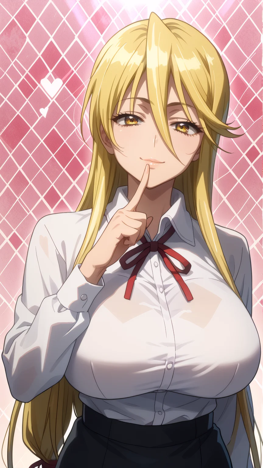 score_9, score_8_up, score_7_up, 1girl, solo, looking at viewer, anime coloring, upper body, close-up, portrait,
<lora:Shizuka_Marikawa_Dwnsty:0.8>, shizuka_marikawa, blonde hair, yellow eyes, long hair, low-tied long hair, hair between eyes, sidelocks, white shirt, collared shirt, red ribbon, neck ribbon, black skirt, long skirt, pencil skirt,
lips, huge breasts, light smile, mature female, finger to mouth, smirk, naughty face,
sunlight, abstract background, argyle background, rainbow, heart,
<lora:Hotd_Artstyle_Dwnsty:0.7>