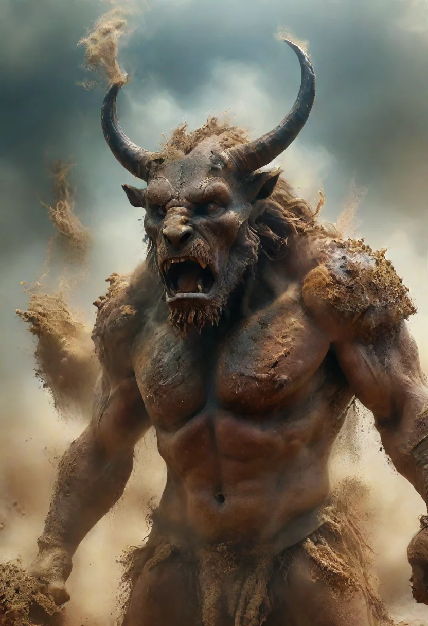 cinematic still fantasy creature, minotaur, master of the earth, spitting dust, tornados of dust, ancient greece . emotional, harmonious, vignette, 4k epic detailed, shot on kodak, 35mm photo, sharp focus, high budget, cinemascope, moody, epic, gorgeous, film grain, grainy, fantasy creature, minotaur, master of the earth, spitting dust, tornados of dust, ancient greece, intricate, elegant, highly detailed, vivid color, deep aesthetic,,, shiny, mystical, scenic, vibrant, enhanced quality, epic composition, winning full scientific detail, magical atmosphere, renowned, magic professional, artistic, pure, extremely attractive, majestic