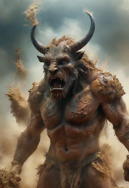 cinematic still fantasy creature, minotaur, master of the earth, spitting dust, tornados of dust, ancient greece . emotional, harmonious, vignette, 4k epic detailed, shot on kodak, 35mm photo, sharp focus, high budget, cinemascope, moody, epic, gorgeous, film grain, grainy, fantasy creature, minotaur, master of the earth, spitting dust, tornados of dust, ancient greece, intricate, elegant, highly detailed, vivid color, deep aesthetic,,, shiny, mystical, scenic, vibrant, enhanced quality, epic composition, winning full scientific detail, magical atmosphere, renowned, magic professional, artistic, pure, extremely attractive, majestic