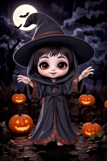 cute, halloween night, horror, (bats), moon in the sky, portrait, (standing:1.2),  happy smiling, red eyes,(very detailed), best quality,  sharp focus, Grey enchanted sorcerer's robe, carved jack-o'-lanterns, eldritch horror, light drizzle under moonlight, lightning flashes, ethereal lights, backlight, shadows, high contrast, hdr, <lora:Anti-Blur:0.8> <lora:Hand v2:0.8> Detailed hand, Hand, Perfect hand <lora:aidmaImageUpgrader:0.8> aidmaimageupgrader  <lora:PinkieChibiHalloweenFLUX:0.8> pinkchibihalloween