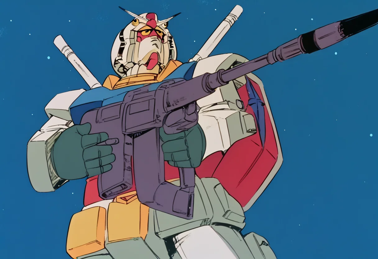 (score_9:0.9),score_8_up,score_7_up,anime style,rating_safe,(zPDXL),<lora:Gundam RX-78-2 ponyXL v1.5:0.94>, Gundam RX-78-2, shield, energy gun, weapon, beam rifle, gun, space, solo, holding gun, holding shield, holding weapon, holding, looking up, star (sky), shooting