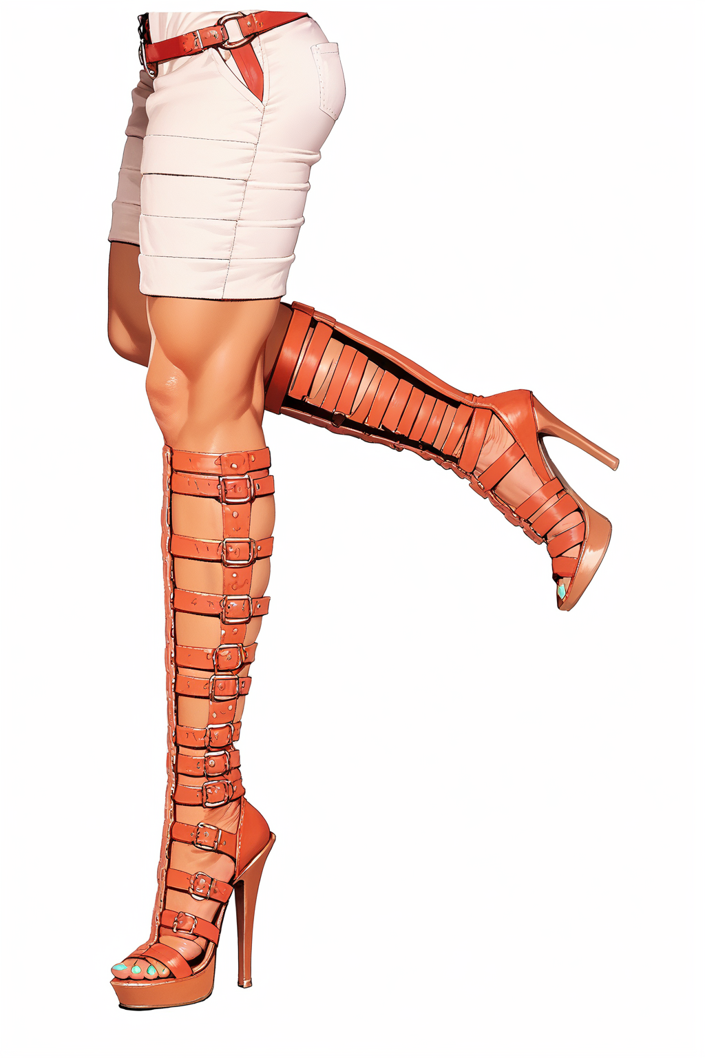 score_9, score_8_up, score_7_up, source_anime, white background, Gladiator Heels, toenail polish, side view, out of frame.