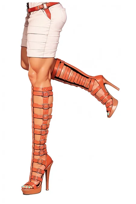 score_9, score_8_up, score_7_up, source_anime, white background, Gladiator Heels, toenail polish, side view, out of frame.