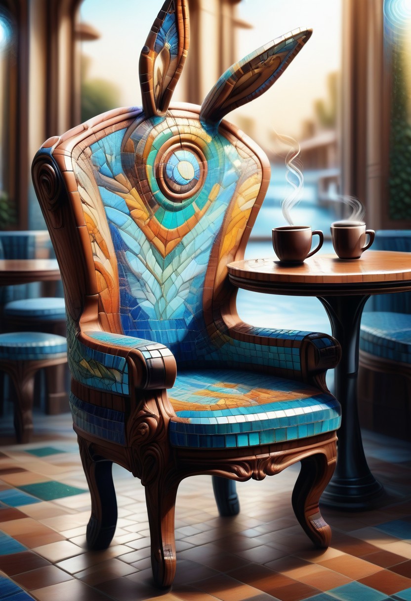 a cute little bunny wearing suit sitting in chair, drinking coffee, outdoor cafe, bokeh, detailed, side view, full body view
