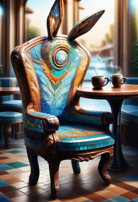 a cute little bunny wearing suit sitting in chair, drinking coffee, outdoor cafe, bokeh, detailed, side view, full body view