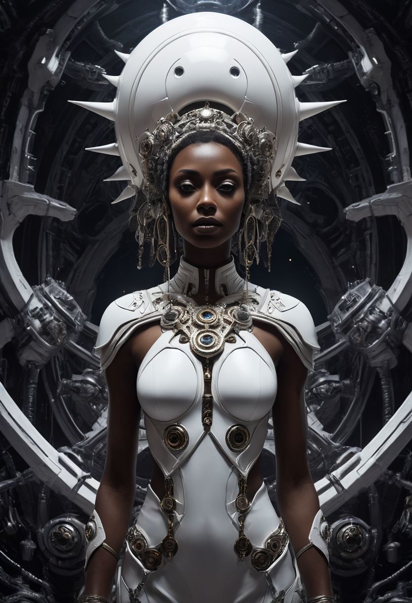 African American, Surreal abstract fantasy art, You're the ship, high contrast, white paint, cybernetic parts, I'm the captain Where should the journey go?, mysterious, hazy, dusty, mystical, gloomy,  dusty, dramatic light,  34K uhd, masterpiece, high detail, 8k, intricate, detailed, high resolution, high res, high quality, <lora:add-detail-xl:1.8>, highly detailed, Extremely high-resolution details, fine texture, (darkness:2.0),