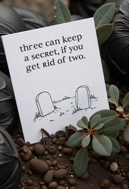 photo of an affirmation card with a stylized drawing of two tombstones and shovel stuck in the ground next to black trashbags, the text says "three can keep a secret, if you get rid of two".<lora:flux_Wizards_SelfLoving_Affirmation_Cards>