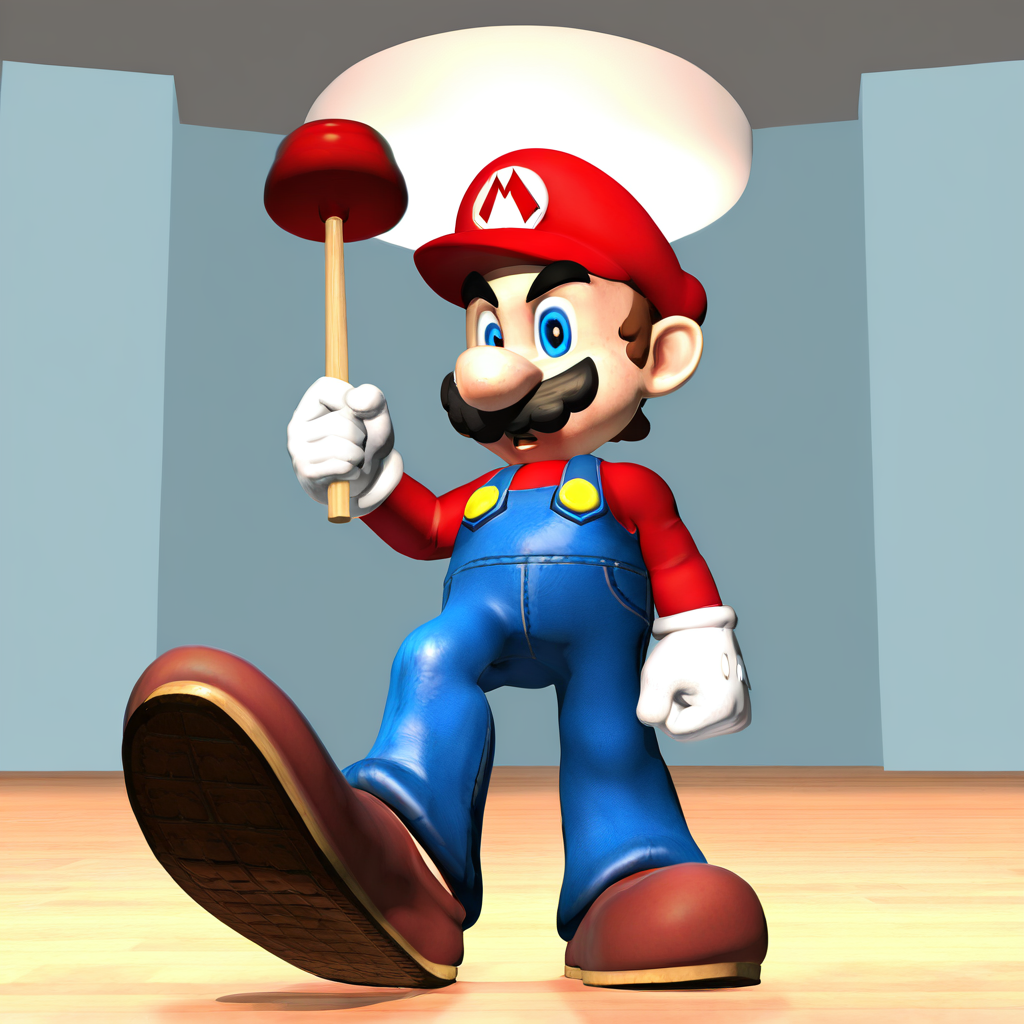 highres, best quality, masterpiece, very aesthetic, newest, <lora:HyperIllusrtrious2:1>,hyper   feet,solo,1boy,mario,3d,game cgi,red cap,overalls,red shirt,shoes,holding plunger,indoors,male focus
