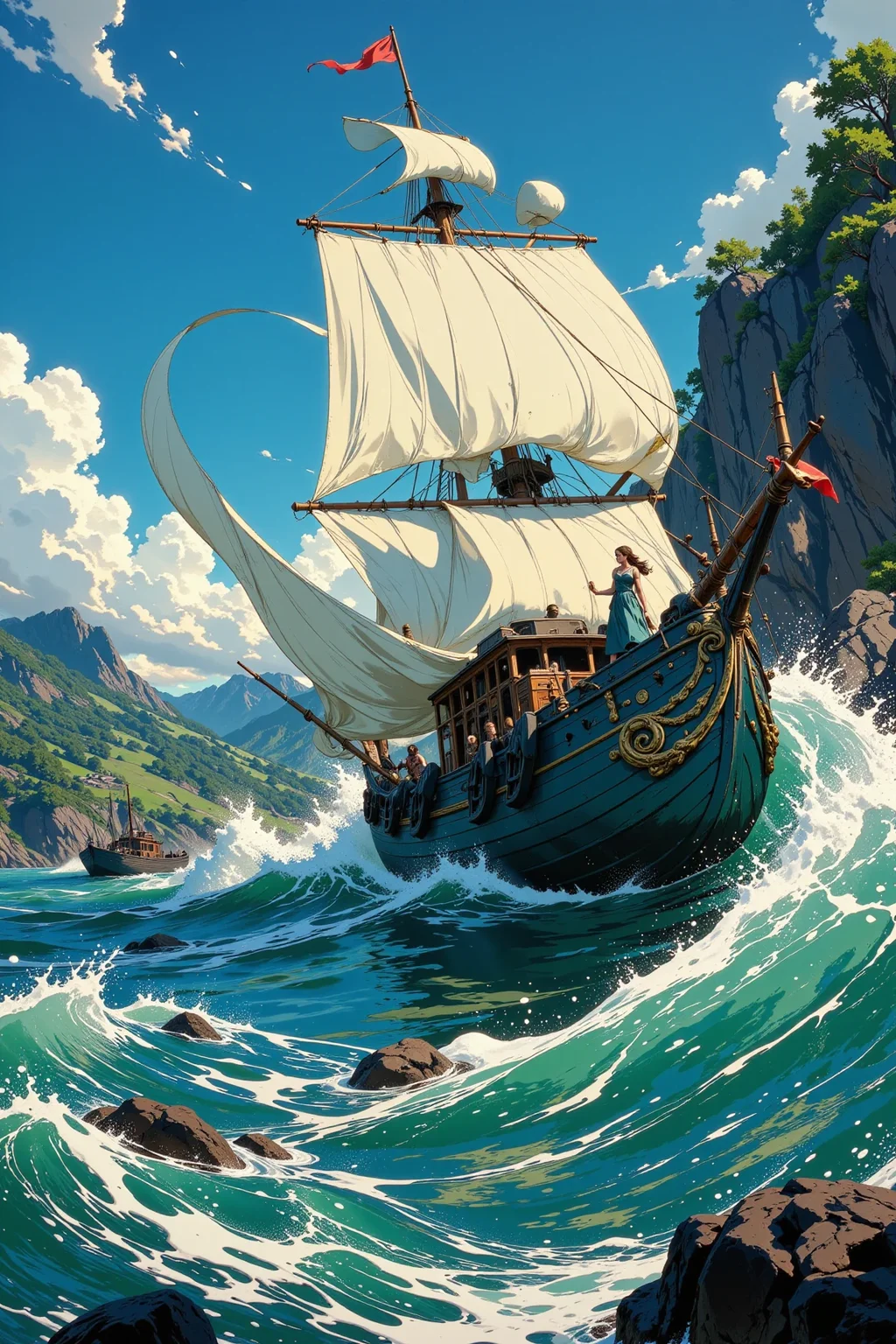 A boat in the middle of strong waves, rain and wind beautiful landscape, bright sunny sky, woman, very intricate, very detailed, sharp, bright, colorful, <lora:Hand v2:0.5> <lora:Anti-Blur:1><lora:Insane Detail Slider:0.25> <lora:flux.1_lora_flyway_Epic-detail_v2:0.3> <lora:fluxenhancer:0.25> <lora:ROWER:0.6> <lora:Anime art - Variant 3:0.6> Anime art
