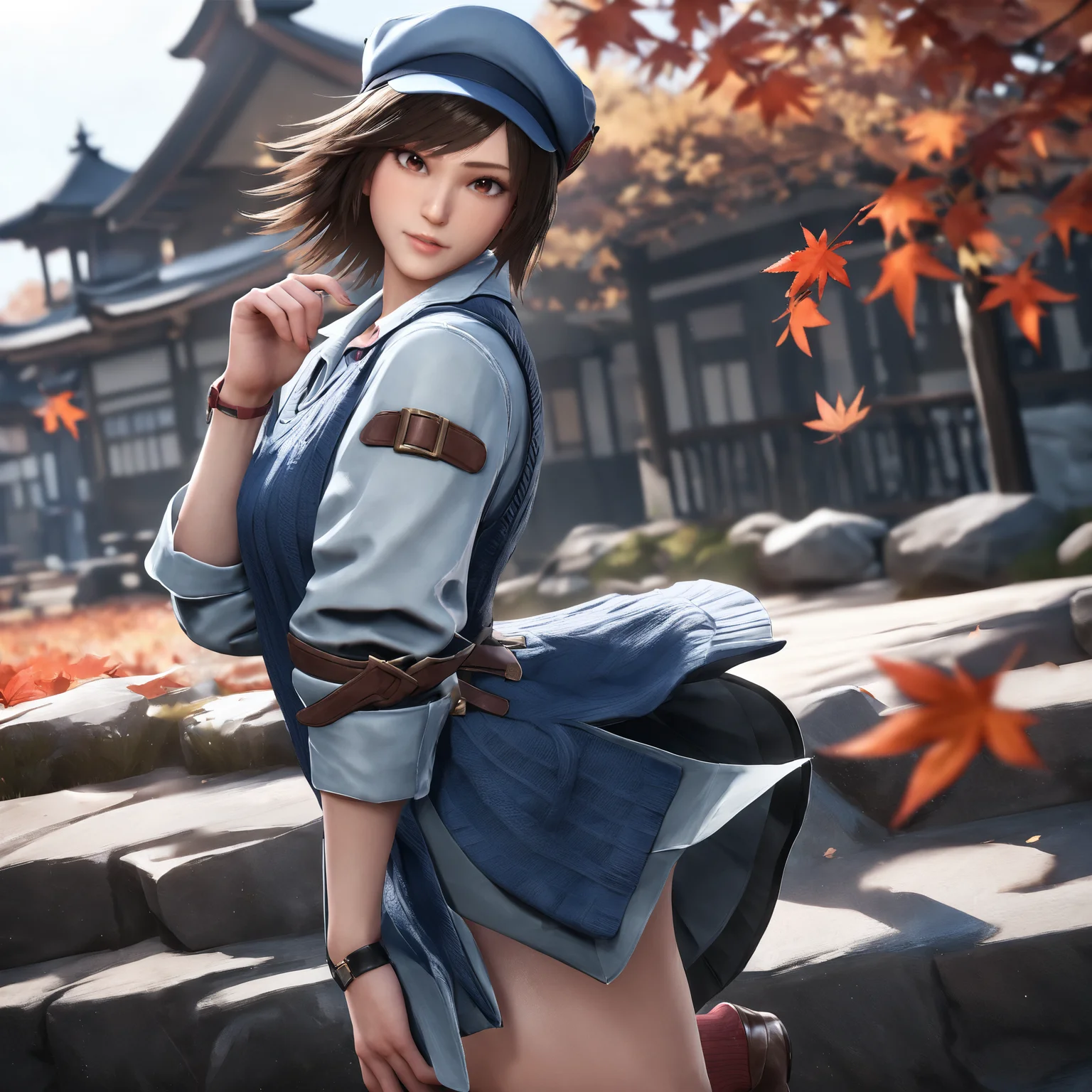 masterpiece, best quality, very aesthetic, absurdres, 1girl, asuka, brown hair, looking at viewer, hat, brown eyes, maple leaf, wind lift, socks, from side, short hair, hand up, <lora:asuka_animagineXLV31:0.7> <lora:lily_style_xl:0.7>