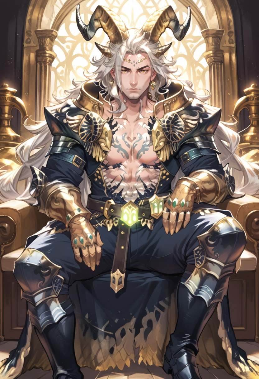 (score_9:0.9),score_8_up,score_7_up,rating_safe,anime style,(zPDXL),<lora:EX Kulve Taroth Alpha male ponyXL v1:0.73>,ex kulve taroth alpha armor,1boy,grey hair,solo,gold horns,very long hair,gold gauntlets,looking at viewer,gold theme,male focus,large pectorals,muscular male,black knee boots,gold pauldrons,mature male,sitting,