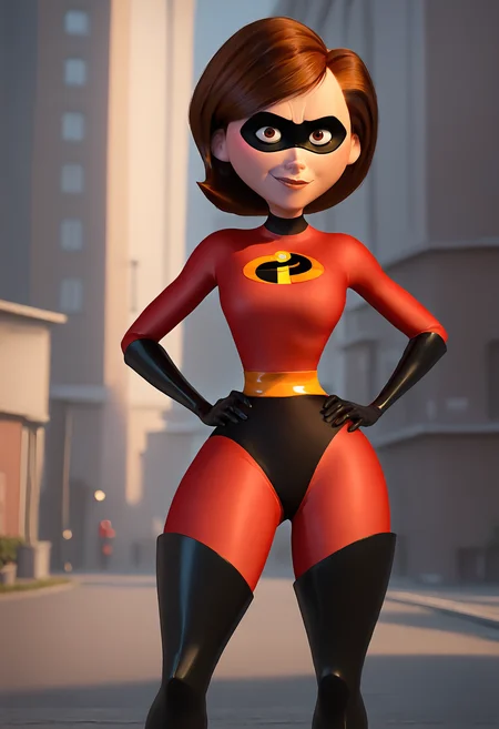 <lora:HelenParrPony1.1_r1:1>, score_9, score_8_up, score_7_up, score_6_up, score_5_up, score_4_up, looking at viewer, hand on own hip, cowboy shot,helen parr, 1girl, solo, brown hair, brown eyes, red bodysuit, domino mask, elbow gloves, lips, yellow belt, thigh boots,outdoors, smile,