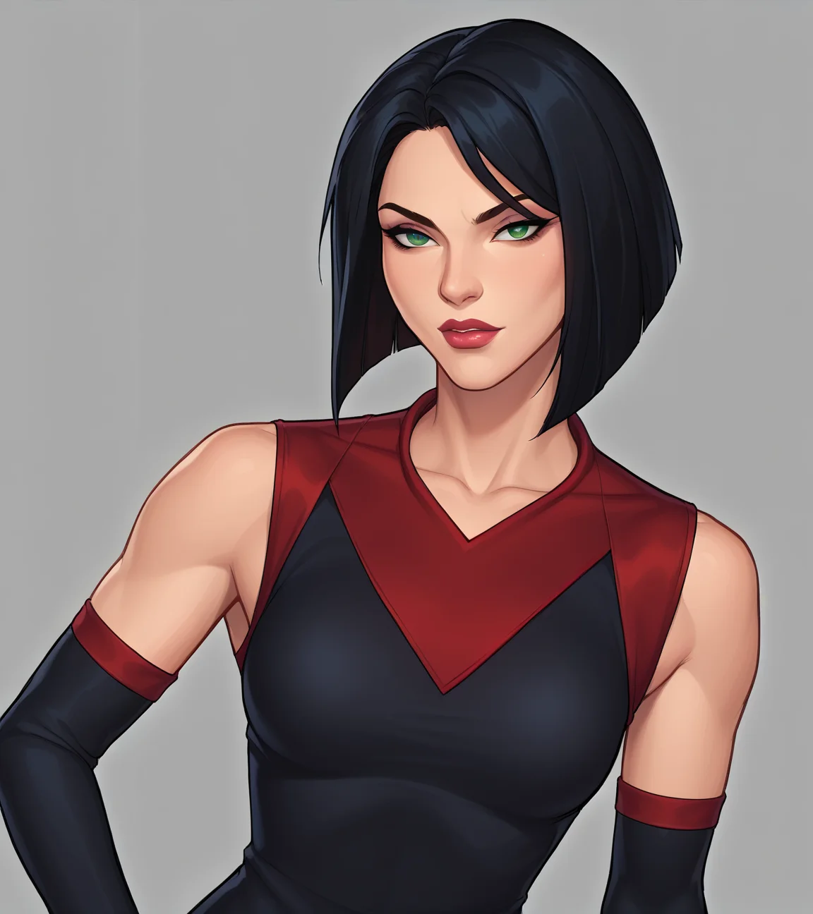 score_9, score_8_up, score_7_up, score_6_up, karai, 1girl, short hair, black hair, green eyes, elbow gloves, (dress:1.2), black gloves, black dress with red trim, makeup, lipstick, <lora:Karai_Pony:1>