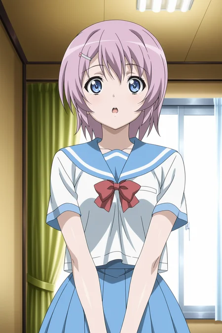 anime screencap, anime coloring, detailed face, masterpiece, best quality, very aesthetic, absurdres, volumetric lighting, official style, amazing quality, ultra detailed,  highres, amazing quality, scenery, beautiful detailed hair, beautiful detailed eyes,
 <lora:Rin_x_Sen_+_Ran-Sem:1>
Anna  uniform (outfit), Anna Ichinose (character), 1girl, solo, school uniform, skirt, short hair, blue eyes, serafuku, v arms, purple hair, hairclip, hair ornament, indoors, own hands together, curtains, blue skirt, red bow, curious expression, open mouth