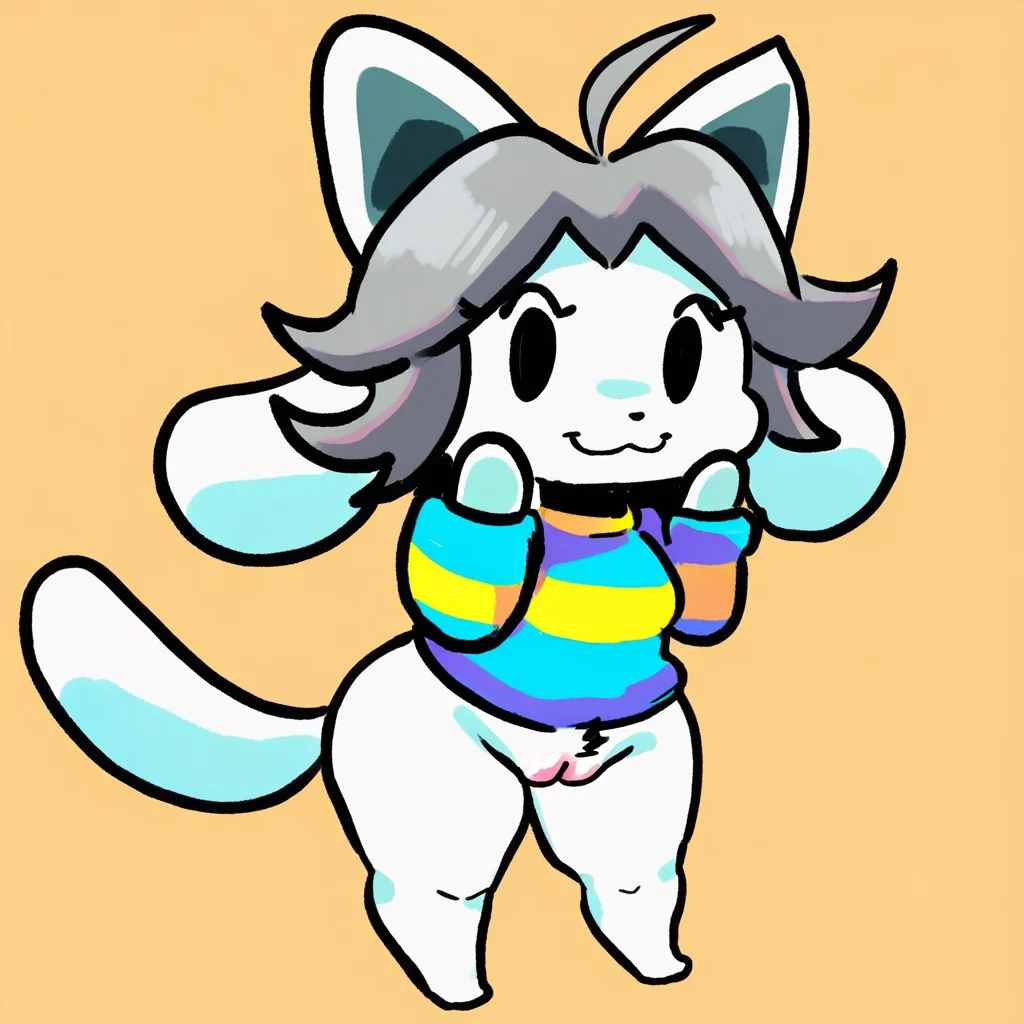 masterpiece, best quality, by kiseff, female, temmie, undertale, white fur, grey hair, dot eyes, black eyes, bottomless, pussy, striped shirt, blue and yellow striped shirt, :3, chibi, full-length portrait, hi res, <lora:kiseffVPRED:1>
