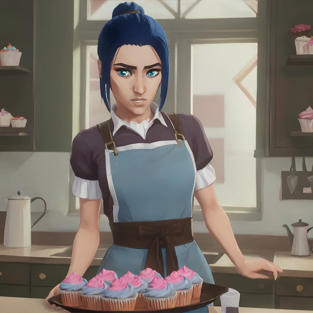 arcane, caitlyn, blue hair, blue eyes, pony tail, wearing an apron, standing in kitchen holding a tray of cupcakes <lora:caitlyn-v2:0.8>