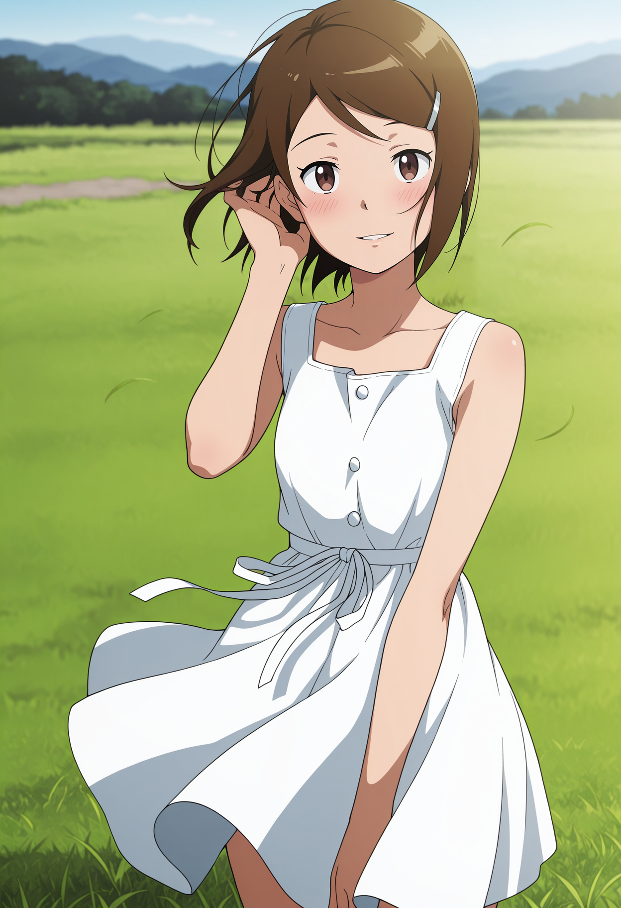 1girl,solo,mm,brown hair,short hair,brown eyes,hairclip,hair ornament,anime coloring,
sundress, hand in own hair, cowboy shot, wind,grass,outdoors,day,looking at viewer, parted lips, smile,blush, 
,masterpiece,best quality,amazing quality,<lora:Hikari_Yagami-Digimon_Adventure_tri:0.9>
