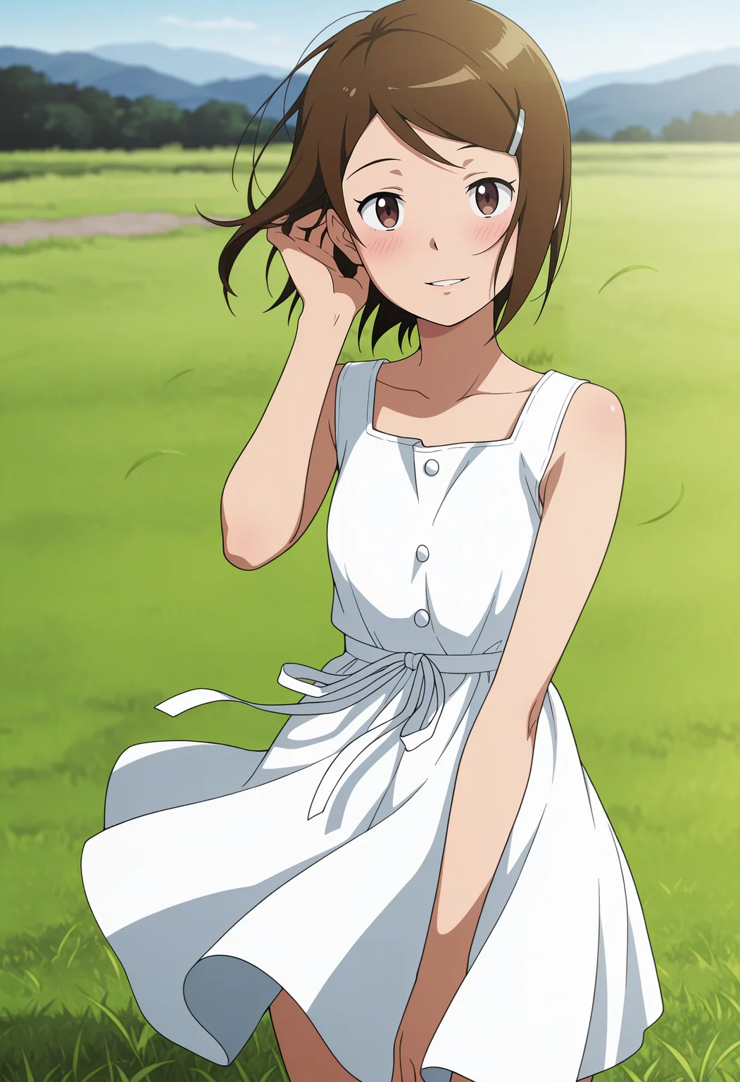 1girl,solo,mm,brown hair,short hair,brown eyes,hairclip,hair ornament,anime coloring,
sundress, hand in own hair, cowboy shot, wind,grass,outdoors,day,looking at viewer, parted lips, smile,blush,
,masterpiece,best quality,amazing quality,<lora:Hikari_Yagami-Digimon_Adventure_tri:0.9>