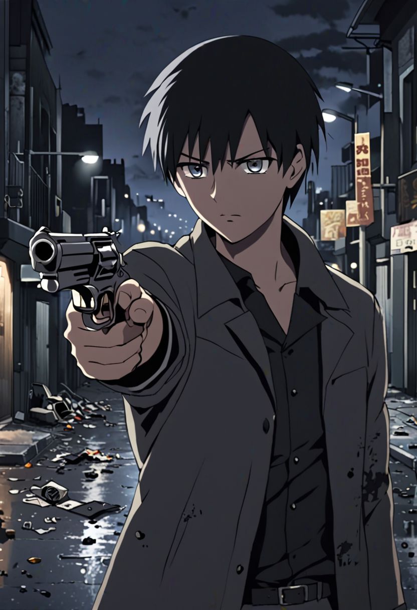 Highres, Masterpiece, High Quality, 4K, 8K, solo, 1Boy, Takaki Toono, adult, black hair, short hair, potrait, midnight, quiet street, big city, dim street lights, scattered trash, dirty, cold, tense, mysterious, sharp eyes, merciless, threatening, pointing a gun, revolver, weapon, pointing at the viewer, threatening, easynegative, detailed_eye_model